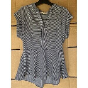 Monteau Los Angeles Gray White Striped V Neck Peplum Blouse Women's XL
